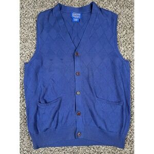 Pendleton Sweater Vest‎ Men's Sz Large Blue Button Front Cotton Diamond Pattern